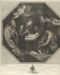 The infant Christ lying on a wooden box, the Virgin kneeling in prayer before him, Saint Joseph at left, shepherds at right, in an octagonal frame, after Reni by Jean-Baptiste Michel