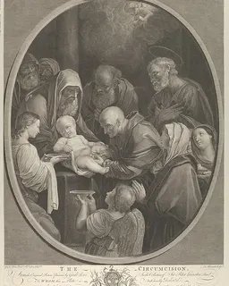 The Circumcision of Christ, a group of men and women surrounding him, an angel in the foreground, after Reni by François Germain Aliamet