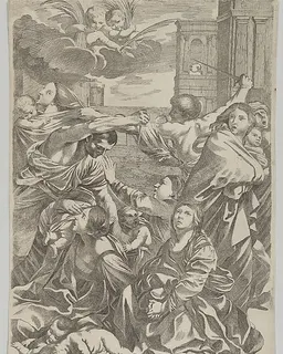 Massacre of the Innocents; group of women and children being attacked, two angels at upper left, after Reni by Anonymous