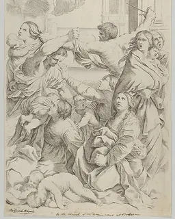 Massacre of the Innocents; group of women and children being attacked, two angels at upper left, after Reni by Gian Battista Bolognini