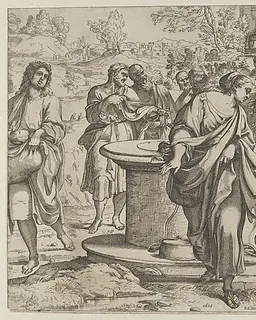 The Samaritan woman standing at the well, Christ seated next to her pointing to the right, after Annibale Caracci by Anonymous