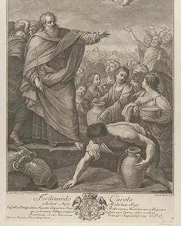 Moses at left with the Israelites who gather manna as it falls from the sky, two angels above, after Reni by Benedetto Eredi