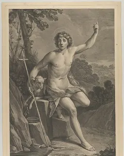 Saint John the Baptist in the desert, seated on a rock and pointing upward with his left hand, a lamb at his right by Pedro Pascual Moles
