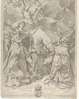 Patron saints of Bologna looking upwards at the Virgin who is seated in the clouds with the infant Christ on her lap by Flaminio Torre (Torri)