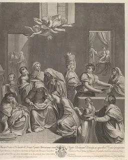 The birth of the Virgin; woman seated with an infant in her lap, numerous women surrounding her, angels above, after Reni by Etienne Picart