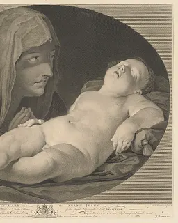 The Virgin in prayer, looking at the sleeping infant Christ, in an oval frame, after Reni by Simon Francis Ravenet, the elder