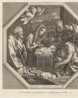 The adoration of the shepherds who kneel together at right before the infant Christ, the Virgin and Saint Joseph at left, two angels above, in an octagonal frame, after Reni by Francois de Poilly