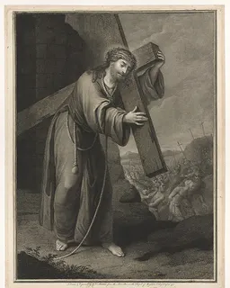 Christ carrying the cross, at right the two thieves on the road to Calvary, two crosses in the background, after Reni (?) by John Keyse Sherwin