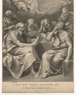 The doctors of the church consulting books and documents and contemplating the Virgin who is shown above in heaven, flanked by angels by Johann Jakob Frey the Elder