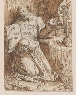 Saint Francis Kneeling in a Grotto, holding a Book and a Skull by Nicolaas van der Horst