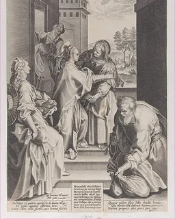 The Visitation, the Virgin and Saint Elizabeth embracing in the center, flanked by other figures, after Barocci by Philips Galle