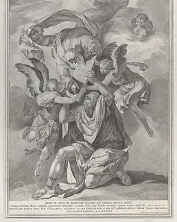 Moses receiving the Tablets of the Law from God who descends from the heavens; from the series of 112 prints of the sacred history, after the painting by Mattia Preti by Pietro Monaco