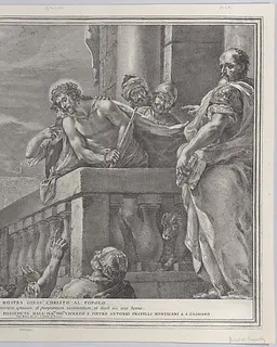 Christ on a balcony surrounded by guards, Pilate stands to the right gesturing toward him; from the series of 112 prints of the sacred history, after the painting by Mattia Preti by Pietro Monaco