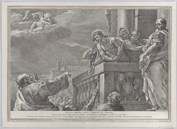 Christ on a balcony surrounded by guards, Pilate stands to the right gesturing toward him; from the series of 112 prints of the sacred history, after the painting by Mattia Preti by Pietro Monaco depicting John 1