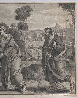 Visitation; Saint Elizabeth embracing the Virgin at center as Saint Joseph walks toward them on the right and Zacharias greets them on the left; from 'Theatrum Pictorium', after Palma Il Vecchio by Peeter van Lisebetten