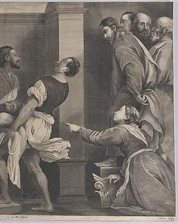 The raising of Lazarus, who is carried by three men at left, while his sister and Christ look on at right; from 'Theatrum Pictorium', after Pordenone by Jan van Troyen