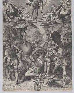 The conversion of Saul, who lies on the ground surrounded by horses and soldiers as Christ appears above him by Pieter Perret