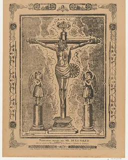 Broadsheet with Christ in the cross flanked by two angels by Anonymous