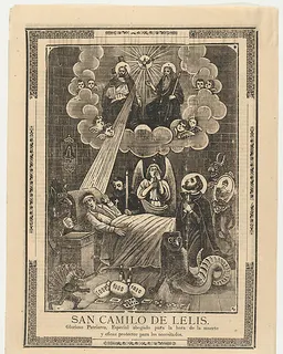 Broadsheet with Saint Camilo de Lelis in bed surrounded by demons, priests and the Holy Trinity above by Anonymous