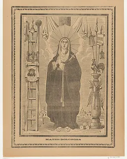 Broadsheet with the Virgin of Sorrows, flanked by instruments on the Passion by Anonymous