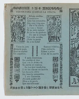 Two advertisments printed on the same sheet for materials published by Vanegas Arroyo, the one at left has verses to accompany breaking a piñata and at right, concerning religious pilgrims with an image of the Holy Family on the Flight into Egypt by José Guadalupe Posada