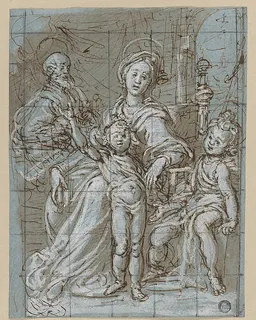 Holy Family with the Infant St. John the Baptist (recto); large-scale cropped sketches of draperies and legs (verso) by Gregorio Pagani