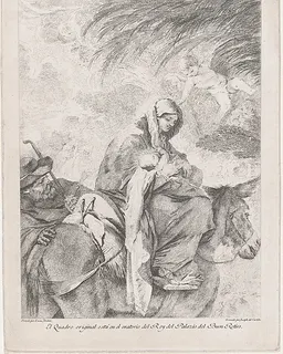 The flight into Egypt, the Virgin and Child on a donkey, Joseph to the left, after Luca Giordano by José del Castillo