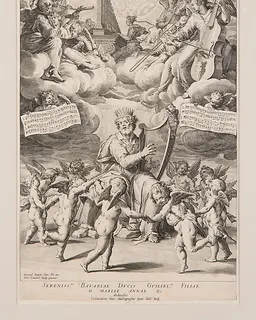 King David Playing the Harp with Angels Dancing and Playing Music by Johann Sadeler I