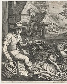 Market Scene, the Rest on the Flight into Egypt in the Background, from Kitchen and Market Scenes with Biblical Scenes in the Background by Jacob Matham