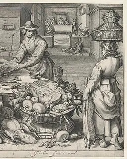 Kitchen Scene with a Maid Drawing Poultry, the Parable of the Rich Man and the Poor Lazarus, from Kitchen and Market Scenes with Biblical Scenes in the Background by Jacob Matham