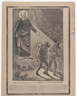 Indulgence with an image of St Peter watching over two pilgrims by José Guadalupe Posada