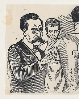A group of men looking at a man's back with an image of the Crucifixion by José Guadalupe Posada
