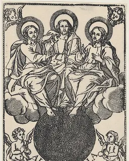The Holy Trinity sitting on clouds surrounded by angels by Anonymous, Mexican