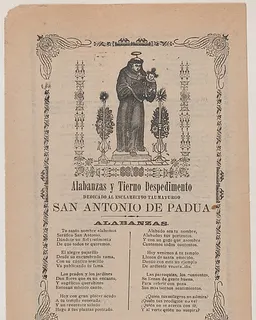 Broadsheet relating to Saint  Anthony of Padua who is shown holding the Christ child flanked by a candelabra with flowers by José Guadalupe Posada