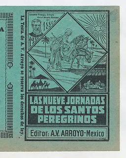 Cover for 'Las Nueves Jornadas de los Santos Peregrinos', Mary on horseback and Joseph being guided through Egypt by an angel by José Guadalupe Posada