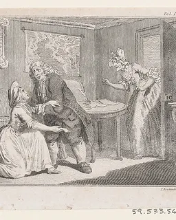 Matthew Bramble Offering Charity to the Ensign's Widow, an illustration from Tobias Smollett's "The Expedition of Humphry Clinker" (London, 1793), Vol. 1 by Charles Grignion, I