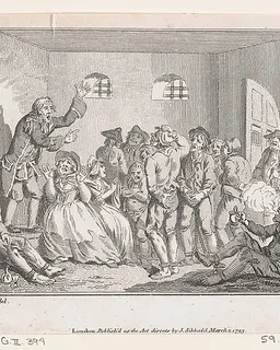 Clinker Preaching in Clerkenwell Prison, an illustration from Tobias Smollett's "The Expedition of Humphry Clinker" (London, 1793), Vol. 1 by Charles Grignion, I