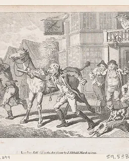 Lismahago Outside The Inn at Durham, an illustration from Tobias Smollett's "The Expedition of Humphry Clinker" (London, 1793), Vol. 1 by Charles Grignion, I