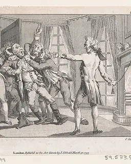 Lord Oxmington Repelling Lismahago's Challenge to Single Combat, an illustration from Tobias Smollett's "The Expedition of Humphry Clinker" (London, 1793), Vol. 1 by Charles Grignion, I