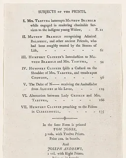 List of Plates I-VII, from Tobias Smollett's "The Expedition of Humphry Clinker" (London, 1793), Vol. 1 by Thomas Rowlandson
