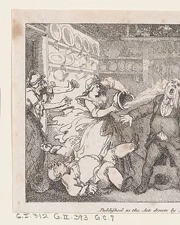 Hostess Discharges a Pan of Blood into the Face of Parson Andrews, from "The Adventures of Joseph Andrews, and his friend Mr. Abraham Adams" by Thomas Rowlandson