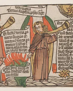 The Mountain and the Star Fall into the Sea, from the "Apocalypsis Sancti Johannis" block book, fourth edition by Anonymous, German, 15th century