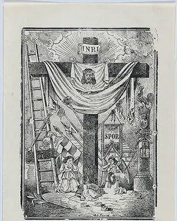 The cross decorated with instruments of the passion of Christ, two weeping angels below by José Guadalupe Posada