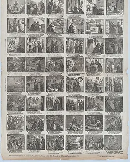 Broadside with 48 scenes of the life of the Virgin by José Noguera