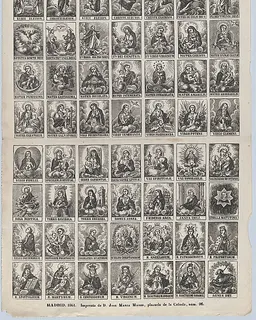 Broadside with 48 scenes relating to the litany of Holy Virgin by José María Marés