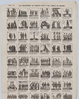 Broadside with 48 scenes showing the holy Friday procession in Madrid by José María Marés