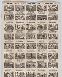 Broadside with 48 scenes illustrating passages of holy scripture (Part I) by José María Marés