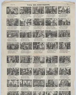 Broadside with 48 scenes illustrating the life of Christ by José María Marés