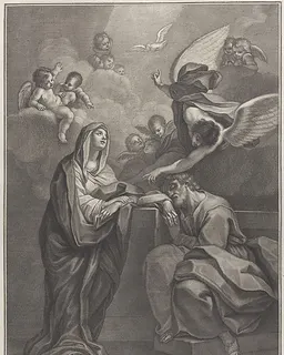 Plate 6: Saint Joseph's dream, with the Virgin Mary at left and an angel above who points to the Holy Spirit by Benedetto Eredi