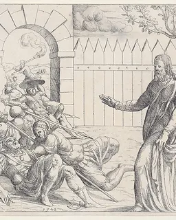 The Roman Soldiers Falling Before Christ, from Old and New Testaments by Augustin Hirschvogel